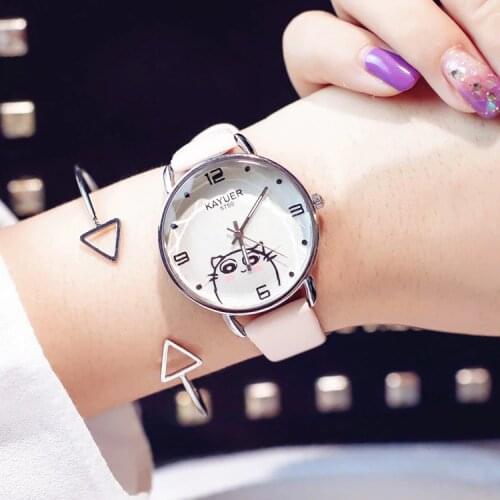 Womens Fashion Casual Watches With Cats Cartton Pattern Woman Quartz Clock 2019 Simple Female Leather Wristwatches Girls Watch