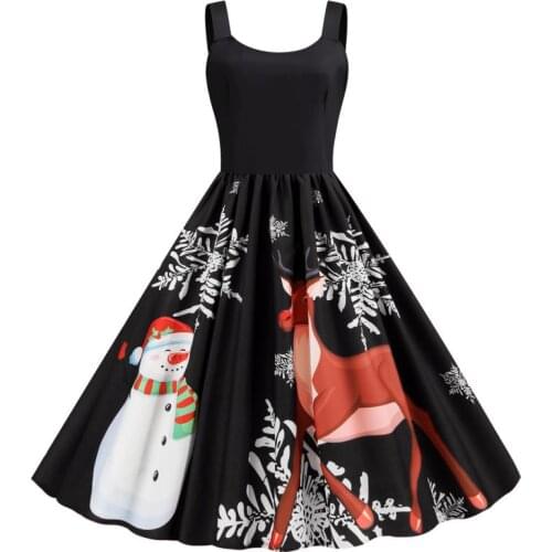 Dropshipping Christmas Snowflakes Snowman Reindeer Print Scoop Neck Sleeveless Women Ladies Casual Party Mini Short Skater Dress