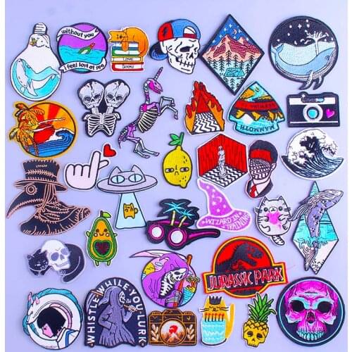 Hippie Punk Skull Patch On Clothes Wave Iron On Patch Embroidered Patches For Clothes DIY Stripes Rock Cartoon Embroidery Patch