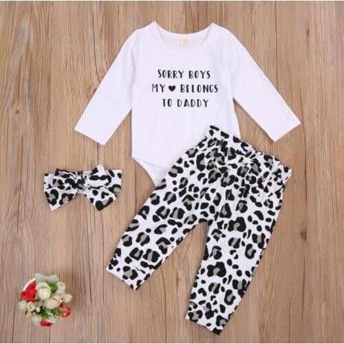 Pudcoco Newborn Baby Girl Clothes Long Sleeve Letter Print Romper Leopard Print Long Pants Headband 3Pcs Outfits Cotton Clothes