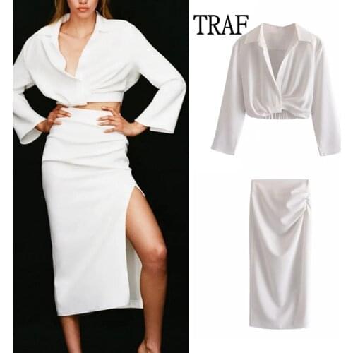 TRAF Za 2021 Two Piece Set Women Summer Loose Short Blouse +High Waist Casual Midi Skirt Woman Elegant Office Clothes Chic Set