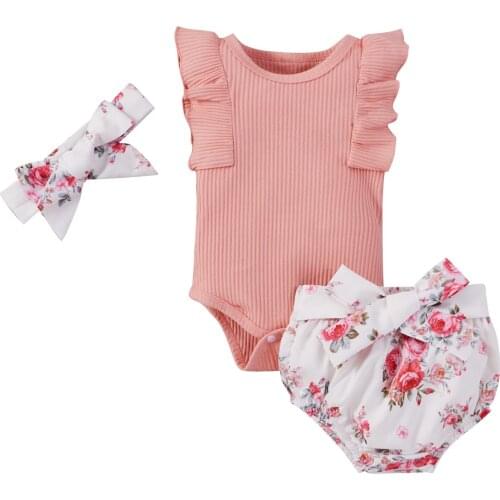 Toddler Baby Girl Print Three-pieces Set Infant Girls O-neck Flying Sleeve Bodysuit + Shorts + Headband Set Summer