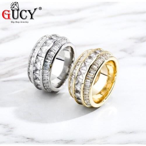 GUCY Bling Baguette Zircon Mens Ring Copper Charm Gold Silver Color Party RING Fashion Hip Hop Rock Jewelry