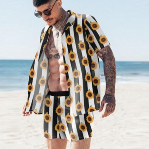 Men 's Leisure Summer Beach Short Sleeve Sunflower Printing Slim Fitting Shirt MEN 'S Two Piece Suit