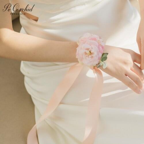 PEORCHID 2020 Pink Bridesmaid flower Corsage Prom Bracelet Korsase Bunga Bride Wedding Assecoires Groom Boutonniere
