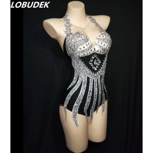 Silver Rhinestones Black Skinny Halter Bodysuit Women Sexy Bar Nightclub Stage Costume Dancer Team DJ DS Performance Clothes