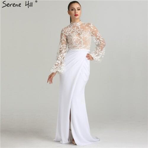 Serene Hill 2020 Newest White Long Sleeves Prom Dresses Fashion Sexy Illusion Mermaid Chiffon Prom Gowns DLA6303