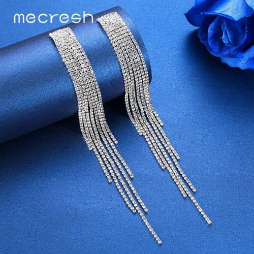 Mecresh Silver Color Rhinestone Long Big Tassel Clip on Earrings Luxury Korean Wedding Hanging Earrings without Piercing EH1003