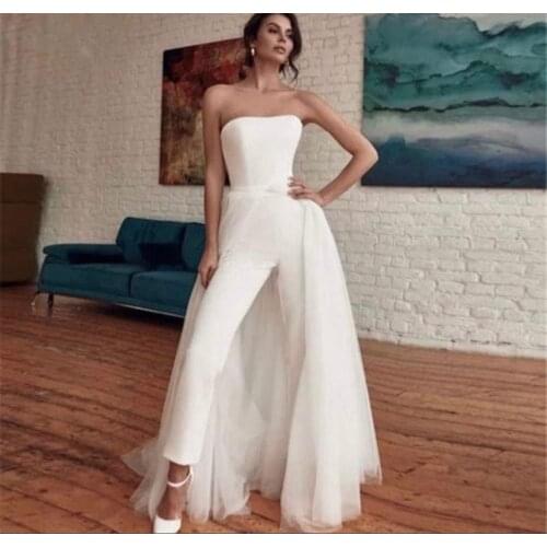 Verngo Modern White Jumpsuit Prom Outfit With Detachable Overskirt Tulle Strapless Women Formal Party Dress Ankle Length Garment
