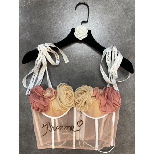 FABPOP 2021 Summer Sleeveless Lace Up Flower Print Sexy Transparent Tank Tops Women Crop Top GB587