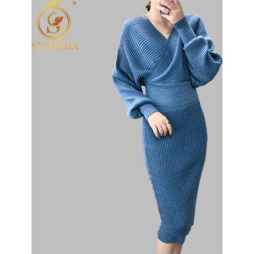 SMTHMA 2021 New Winter Two Piece Set Women Batwing Sleeve V Neck Bright Sweater +Elastic Waist Female Knitted Skirt Suit