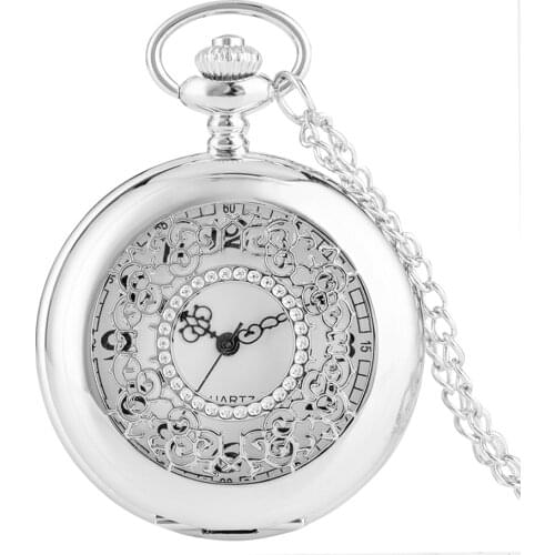 Vintage Pendant Hollow Exquisite Grilles Elegant Retro Gift Men Women Pocket Watch with Silver Quartz Necklace Chain Pocketwatch