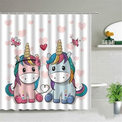 Lovely Unicorn Shower Curtains Bathroom Decor Cartoon Rainbow Butterfly Kids Baby Bath Curtain Waterproof Polyester Fabric