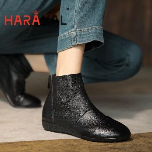HARAVAL Women Ankle Boots Shoes Thick Bottom Wedges Black Round Toe Genuine Leather Elegant Autumn Winter Fashion Shoes E420L