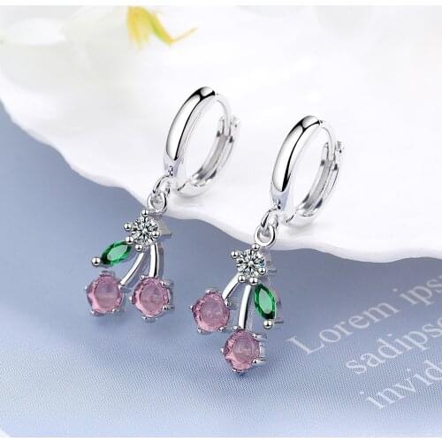 Cute Silver Color Pink Cherry Sweet Fruit Earrings Feminine Mosaic Cubic Zircon Women Wedding Jewelry pendientes