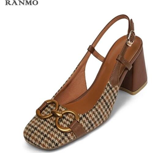 2021 Women Slingbacks Shoes Strange Style High Heels Square heel Shoes Cow Leather Mixed Colors Pumps Ladies Square Toe Shoes