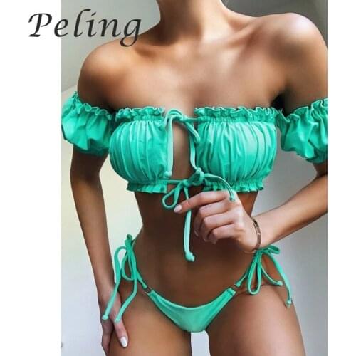 2021 Summer Womens Swimsuit Pleated Two Pieces Sexy Push Up Mini Thong Bikinis Women High Waist Bathing Suits Summer Beachwear