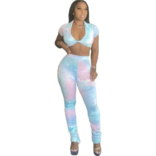 2021 New Product Tie Dye Tracksuit Two Piece Outfits For Women Sets Vest Crop Top High Waist Stacked Flare Pants Streetwear