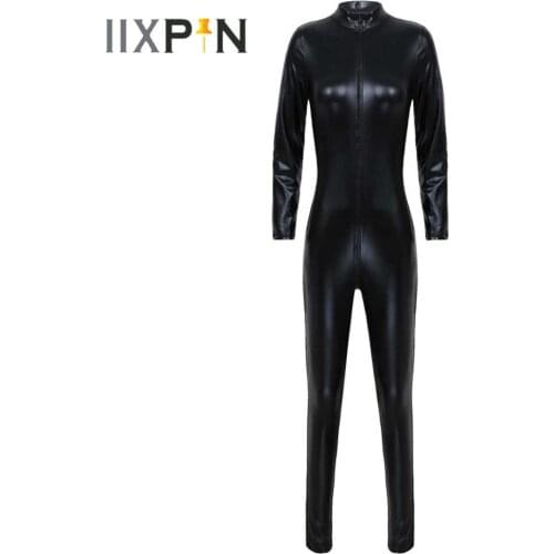Womens Lingerie Crotch Zipper Tight Bodysuit Metallic Patent Leather Stand Collar Catsuit Clubwear Slim Fit Cosplay Jumpsuits