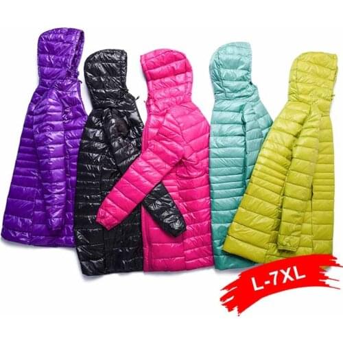 Winter Plus Size Womens Hoody Zipper Duck Down Jackets 4XL 7XL Mid Long Ultra Light Down Coat Hooded Puffer Jacket Autumn Parkas