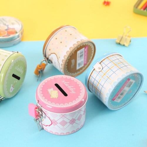 1PC Round Cute Piggy Bank Money Box With Lock And Key Metal Storage Box Case Container Cartoon Birthday Gift
