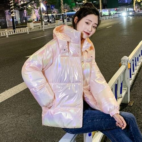 2021 New Winter Down Cotton Jacket Short Women Casual Hooded Parkas Thick Loose Outwear Female Solid Elegant Shiny Cotton Jacket