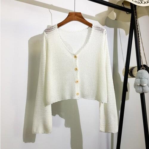 Hollow Out Knitted Solid Women Sweater Cardigan Summer New 2021 V-Neck Flare Sleeved Short Empire Female Outwear Coats Tops