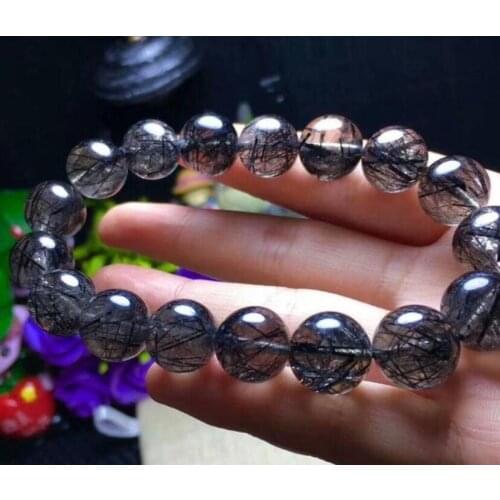 FREE SHIPPING Natural Black Rutilated Quartz Crystal Beads Bracelet 11-12mm AAA