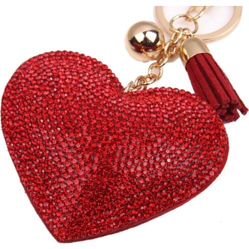 Rhinestone Keychain Heart Leather Tassel Women Car Key Chain Ring Cover Holder Purse Handbag Bag Charm Trinket Chaveiro Llaveros