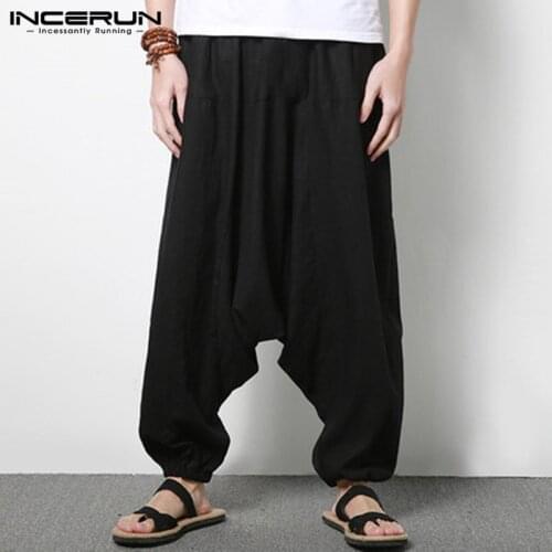 INCERUN Plus Size 5XL Mens Pants Harem Hiphop Loose Wide Pant Cotton Big Drop Crotch Joggers Dance Trousers Male Clothing