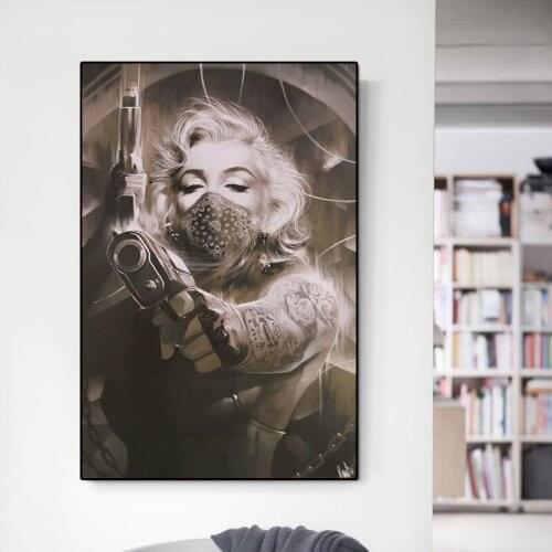 Black and White Mask Woman Poster and Prints Cool Tattoo Lady with Gun Canvas Painting Art Wall Picture for Living Room Decor