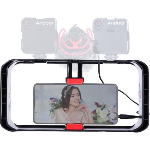 Andoer Smartphone Video Rig Phone Grip Smartphone Cage Holder 3 Cold Shoe Mount for iPhone 12/12 Pro/12 Pro Max/11/10/8/7