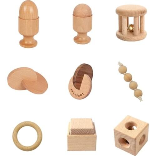 Montessori Newborn Infant Toys Wooden Object Fitting Exercise Hand Grasped Toy Egg Cup Cube Box Baby Bed Bell Rattle Vocal Gift
