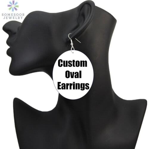 SOMESOOR Personalized Oval Wooden Drop Earrings Customized Photos Printed Large Wood Pendant Dangle Loops 5*6cm For Women Gifts
