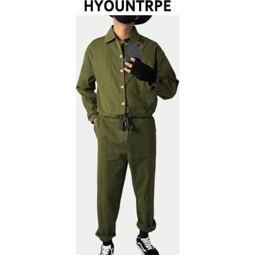 Fashion Mens Rompers Long Sleeve Male Drawstring Waist Jumpsuit Cargo Short Single Breasted Tops Trousers One-piece Overalls