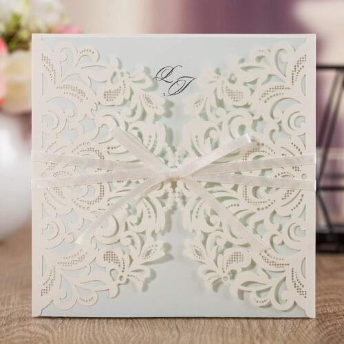 Wishmade Laser Cut Square Wedding Invitations with Bow Inserts and Envelopes Printable Invites Cards for Party Supplies 100pcs