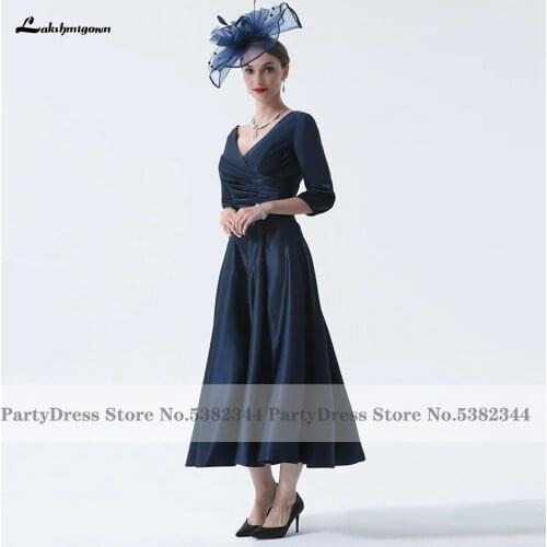 Lakshmigown Simple Navy Blue Satin Mother Of The Bride Dress 2021 Vestidos de Noche Women Wedding Party Dresses Tea Length