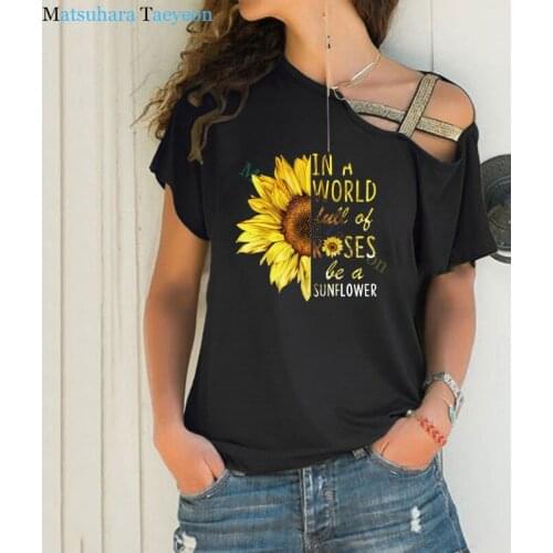 Summer Beautiful Sun Flower T Shirt for Woman Summer Tshirt Fashion Clothing Irregular Skew Cross Bandage Funny T-Shirts Tops