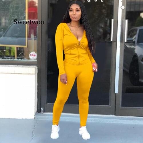 Fashion Hooded Two Piece Set Jogging Femme Zipper Top + Pants Suit Sportwear Tracksuit Women Outfits Solid 7 Color Plus Size