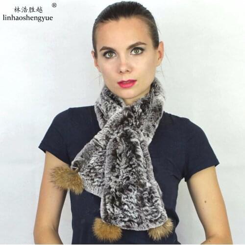 Linhaoshengyue Rex Rabbit Fur Fashion Women Scarf with 4 Raccoon Balls Real Fur Winter Warm