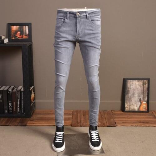 Men Solid Gray Jeans 2020 Fashion Pencil Pants Scratched Stretch Slim Fit Denim Trousers