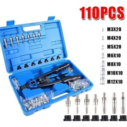 110pcs Duty Manual Rivet Nut Machine Kit Hand Riveter Nosepiece Riveting Tools with Nuts Workshop Threaded Repairing Insert