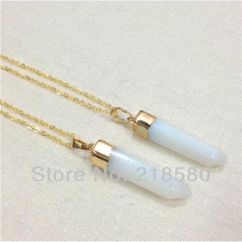 H-QN86 Healing Crystal Opal Quartz Hexagon Point Necklace Silver or Gold Color Crystal Pillar Shape Necklace