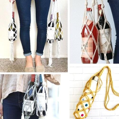 Rope Woven Wine Bottle Bag Macrame Cotton Handmade Weave Net Pocket Bag Red Wine Bottle Holder Tote Hanging Basket Bag