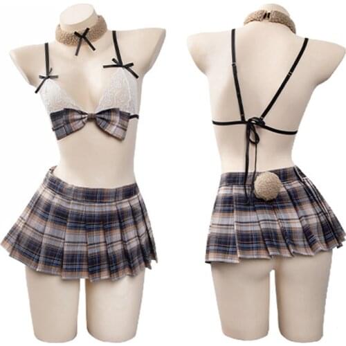 Lolita School Girl Cosplay Bear Sailor Suit Lingerie Set Student Uniform With Miniskirt Cute Bowknow Lace Bra + Plaid Skirts
