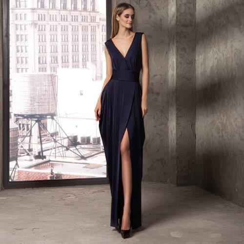 Modest A-line Evening Dress 2021 Deep V-Neck High Quality Long Sleeve Slit Party Dresses Special Occasions Gowns