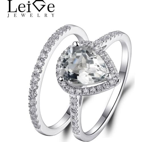 Leige Jewelry White Topaz Ring Set Natural Gemstone Pear Cut 925 Silver Wedding Promise Rings for Women Anniversary Gift