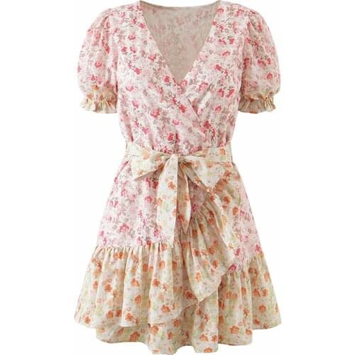 YENKYE Summer Women Sweet Floral Print Patchwork Holiday Party Dress Cross V Neck Puff Sleeve Sashes A-line Ruffle Dress Short