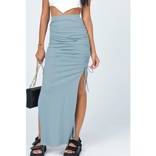 Sexy Shirring Knitted Midi Skirt Women Solid Elastic Waist Split Lace Up Pleated Lady Summer 2021 New Fashion Bodycon Skirts