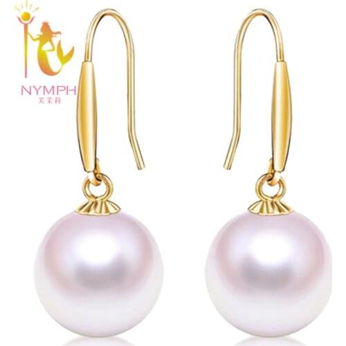 NYMPH 18K Gold Earrings Natural Pearl Jewelry 8-9mm Round White Earrings Luxurious Wedding Party Gift Women Girl E236